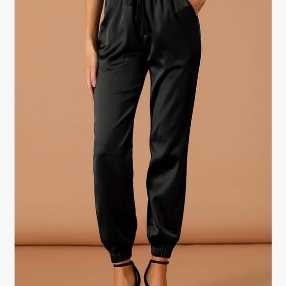 Allegra K Black Satin Pants Drawstring Elastic Waist Straight Leg Joggers - L - Picture 2 of 9